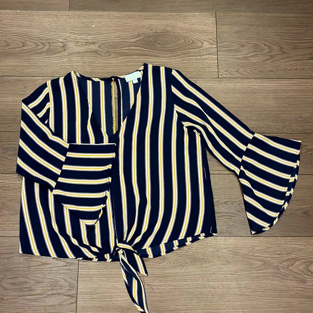 Veronica M navy blue, white, and yellow striped blouse.